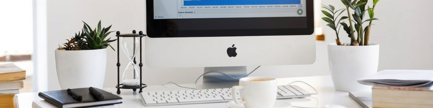 Un ordinateur de bureau de type iMac affichant un graphique de croissance ascendant sur un espace de travail blanc et épuré.